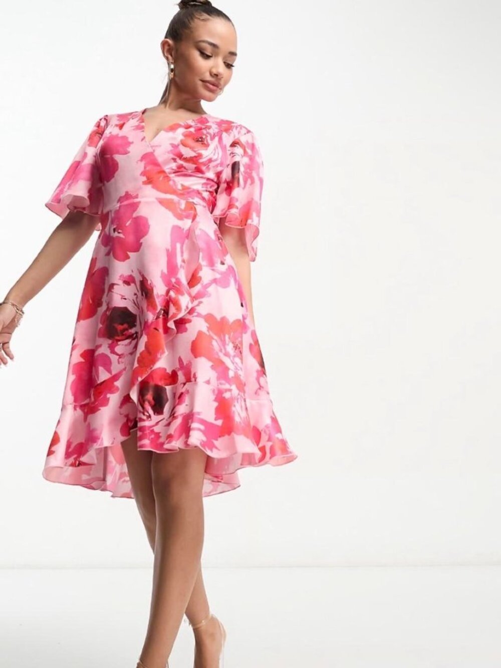 Flounce pink and red floral wrap dress with tie waist
